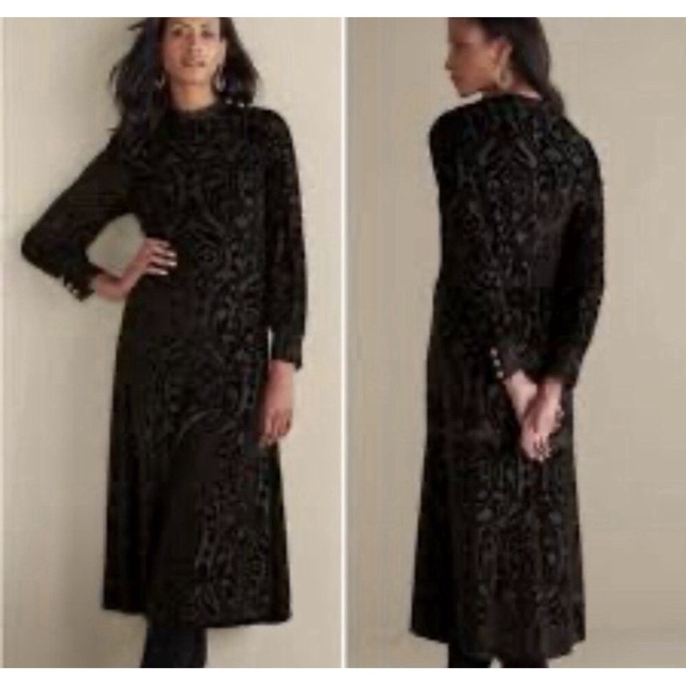Soft Surroundings Hadley Velvet Burnout Dress Midi Black Copper Long Sleeve 14